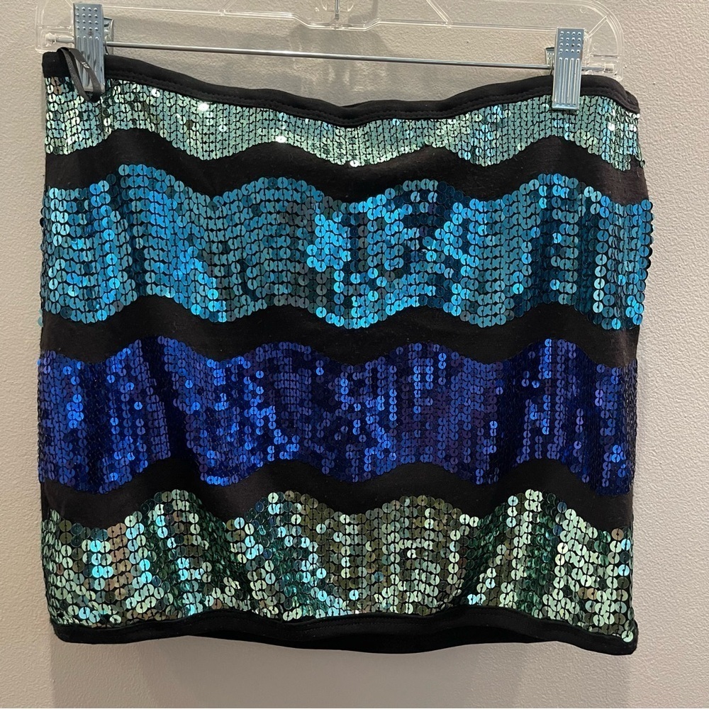 Forever 21 skirt Wave Striped Sequin Mini Skirt Large Cocktail Blue Green NWT